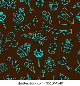 Seamless pattern with balloons, cakes, gifts, cupcakes, cocktails, ice cream. Happy birthday vector background