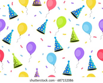 Seamless pattern with balloons and caps, confetti. A festive background of gift wrappers, wallpaper, fabrics. Vector illustration