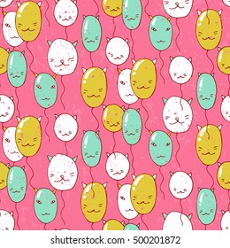Seamless pattern with balloons with cat faces. Vector illustration