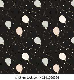 Seamless pattern. Balloons and circles of pastel colors with gold contours and gold serpentine on a black background. Vector.