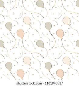 Seamless pattern. Balloons and circles of pastel colors with gold contours and gold serpentine on a white background. Vector.