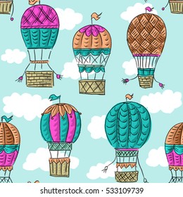 Seamless pattern with balloons and clouds