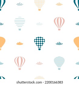 Seamless pattern with balloons and clouds fly in the sky. Perfect print for tee, textile, paper and fabric. Retro vector illustration for surface design.

