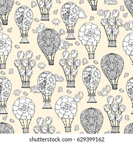 Seamless pattern from balloons and clouds. Ornament for printing on textiles, fabrics. Design for wrapping paper, children's wallpaper. Aerostat. Stylized background, doodle.
