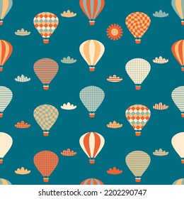 Seamless pattern with balloons, clouds and sun in the sky. Perfect print for tee, textile, paper and fabric. Retro style vector illustration for surface design.
