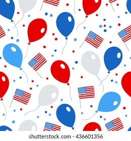 Seamless pattern with balloons, confetti and United States flag. Happy Independence Day. Perfect for wallpaper, gift paper, American holidays. Vector illustration