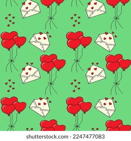 Seamless pattern with balloons, envelopes with hearts. Seamless vector pattern in doodle style. Template for fabric, textiles, wrapping paper, wallpaper and other decorations.