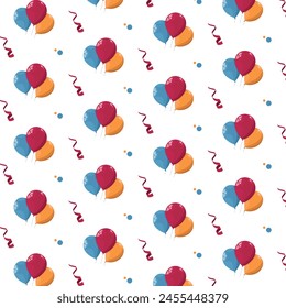 Seamless pattern with balloons and festive ribbon in honor of a birthday. The design is suitable for wallpaper, paper, products. Vector illustration.