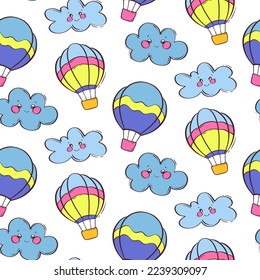 Seamless pattern with balloons for flight and clouds with cute faces. Multicolored hot air balloon in flat style. Colorful vector illustration. Vector background.