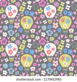 Seamless pattern with balloons, flowers, hearts. Baby background. Fabric design, wallpaper