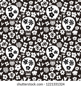 Seamless pattern with balloons, flowers, hearts. Baby background. Fabric design, wallpaper