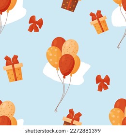 Nahtloses Muster mit Ballons, Geschenken und Bögen auf blauem Hintergrund. Vektorgrafik für Urlaubssammlung, Geburtstag, Dekoration, Verpackung, Design, Druck, Tapete und Textilien.