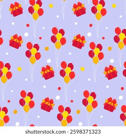 Seamless pattern of balloons and gifts on a blue background.