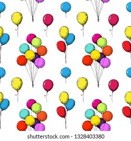 Seamless pattern with balloons. Hand drawn, isolated on a white background. Vector illustration
