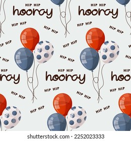 Seamless pattern with balloons and "Hip Hip Hooray" handwritten lettering. Birthday party, celebration, holiday, event, festive. Perfect for product design, wallpaper, wrapping paper. Cartoon vector