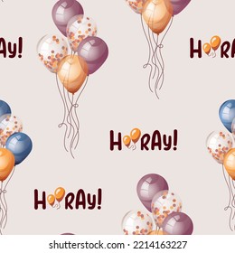 Patrón sin foco con globos y letras "Hooray". Fiesta de cumpleaños, celebración, vacaciones, evento, concepto festivo.Ilustración vectorial. Perfecto para el diseño de productos, papel pintado, papel envolvente.