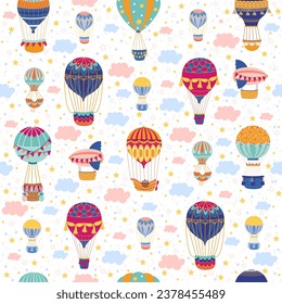 Seamless pattern with balloons. Retro aerial vehicles, Childish decor textile, wrapping paper, wallpaper design. Print for fabric. Cartoon flat style isolated aerostat vector concept