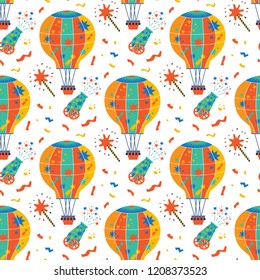 Seamless pattern with balloons and shooting gun in cartoon style. Circus, fair, amusement Park. For packaging paper design, Wallpaper, baby clothes, packaging. Vector illustration