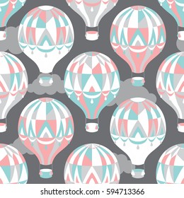 Seamless pattern with balloons in the sky with clouds. Vector illustration