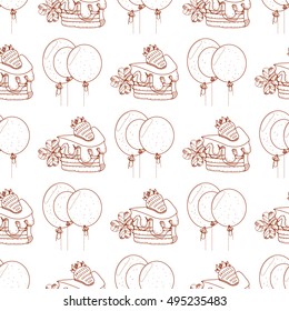 Seamless pattern with balloons and a slice of cake with strawberries.