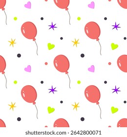 Seamless pattern of balloons, stars, hearts, confetti on a white background. Cheerful festive background. Vector illustration