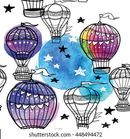 Seamless pattern with balloons and stars. Vector freehand drawing . Cute , children , simple.