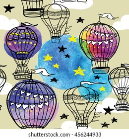 Seamless pattern with balloons and stars. Vector freehand drawing . Cute , children , simple.