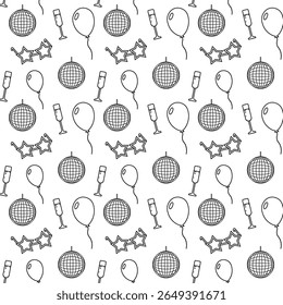 Seamless pattern with balloons, star-shaped glasses, champagne, and disco balls, outline style on white background. Perfect for birthday, party design, wrapping paper, cards, invitations, and packagin