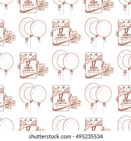 Seamless pattern with balloons and a tear off calendar, on March 17 day.