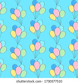 Seamless Pattern with balloons. Template for birthday, baby shower, wedding. For printing wrapping paper, packaging, fabric. Hand Drawn vector illustration.