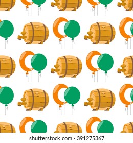 Seamless pattern with a balloons and a wooden beer barrel.