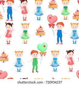 Seamless Pattern with balloons,cakes,bunny
,sweets.cute small smiling cartoon girls,boys.Vector illustration for children's on birthday party.Print for fabric,gift wrapping paper.Green,red,blue