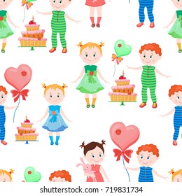 Seamless pattern with balloons,cakes,candle,flower,sweets.cute small smiling cartoon girls,boys.Vector illustration for children's on birthday party.Print for fabric,gift wrapping paper.Green,red,blue