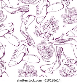 Seamless pattern of ballroom classic dance accessories on white background. Vector illustration.