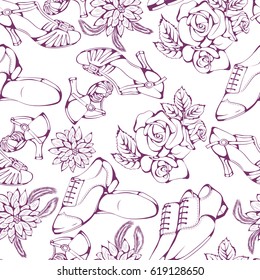 Seamless pattern of ballroom dancing latina accessories on white background. Vector illustration.