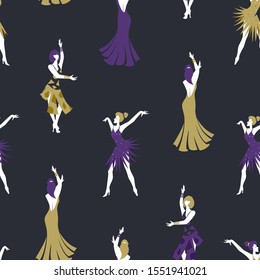 Seamless pattern with ballroom Latin women dancers