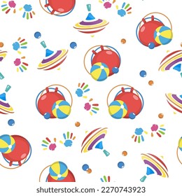 A seamless pattern with balls and ather kid's activity tools on a white background