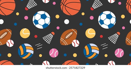 Seamless pattern with balls for basketball, American football, baseball, tennis, volleyball, soccer and shuttlecock for badminton. Sports games. Vector illustration on black background, flat design