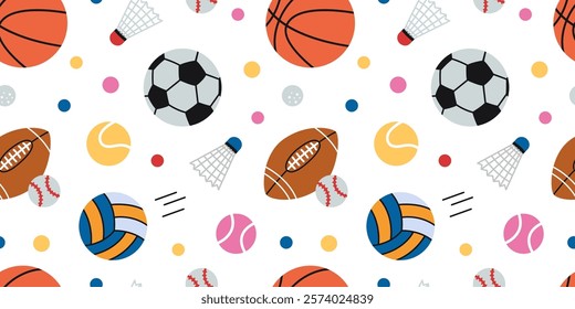 Seamless pattern with balls for basketball, American football, baseball, tennis, volleyball, soccer and shuttlecock for badminton. Sports games. Vector illustration on white background, flat design