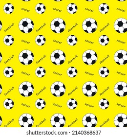 Seamless pattern with balls and football, soccer lettering on a yellow background. Vector design for baby products, diapers, clothes, textiles, wrapping paper, prints, decorations, packaging