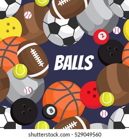 Seamless pattern of balls. Football, volleyball, basketball, golf, tennis, bowling, rugby, snooker