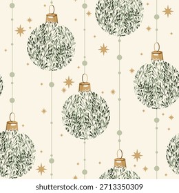 Patrón sin fisuras con bolas, hierbas y bayas sobre fondo claro. Perfecto para invitaciones de vacaciones, tarjetas de felicitación de invierno, Fondo de pantalla