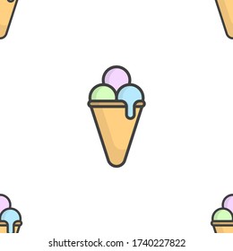 Seamless pattern with balls of ice cream in a conical waffle cup. Multicolored cartoon performance. Filling the canvas with images of different sizes. Isolated vector on a white background.