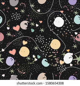 Seamless Pattern with Balls on black. Scandinavian Style. Vector Illustration