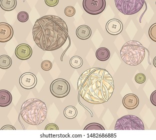 Seamless pattern with balls of thread and buttons