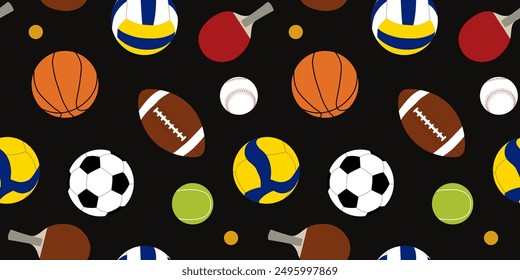 Seamless pattern with balls for various sports games on a dark background, inventory for sportsmen