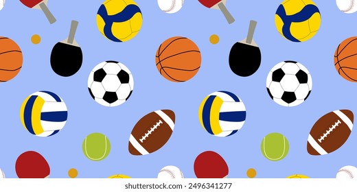 Seamless pattern with balls for various sports games on a blue background, inventory for sportsmen