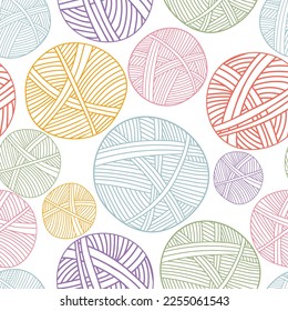 Seamless pattern with balls of yarn for knitting. Female hobby concept. Modern print for fabric, textiles, wrapping paper. Vector illustration