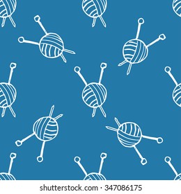 Seamless pattern with balls of yarn and knitting needles. Background in cartoon style. Simple graphics. 