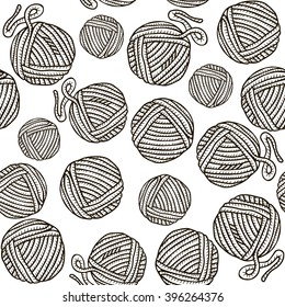 Seamless pattern with balls of yarn and knitting needles. Background in cartoon style.
